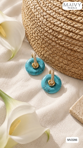 MV2286 - Set dây chuyền đá lam sz 3mm nhấn viên trai baroque trắng và bông tai