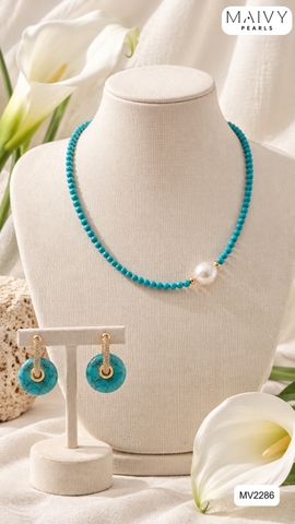MV2286 - Set dây chuyền đá lam sz 3mm nhấn viên trai baroque trắng và bông tai