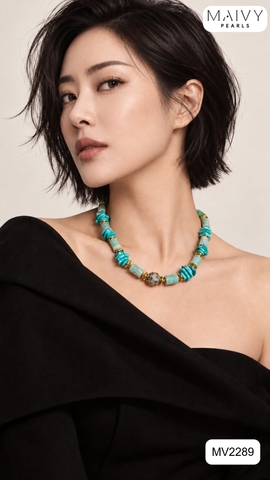 MV2289 - Dây chuyền đá lam xếp tầng mix đá thạch anh xanh lá