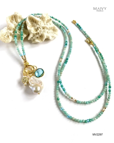 MV2297 - Dây chuyền đá xanh tự nhiên nhấn mặt trai baroque màu trắng