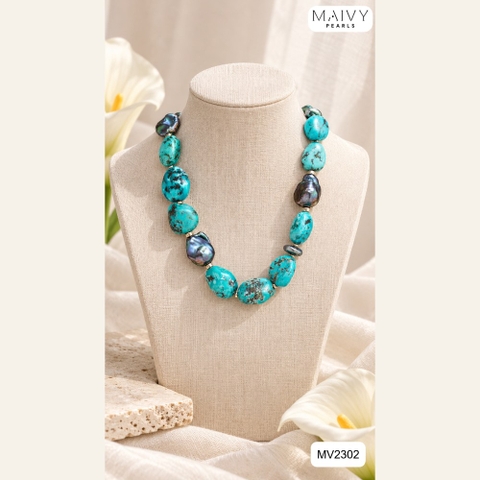 Dây chuyền đá lam mix ngọc trai baroque lông công MV2302