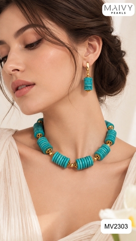MV2303 - Set Dây Chuyền/Bông Tai Đá Lam (Turquoise) Tròn Xếp Tầng Cách Điệu
