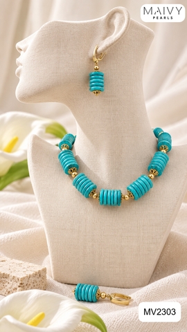 MV2303 - Set Dây Chuyền/Bông Tai Đá Lam (Turquoise) Tròn Xếp Tầng Cách Điệu