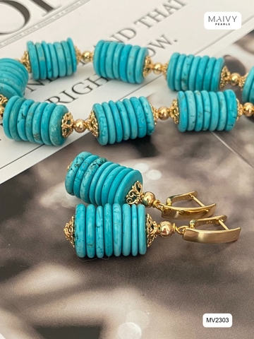 MV2303 - Set Dây Chuyền/Bông Tai Đá Lam (Turquoise) Tròn Xếp Tầng Cách Điệu