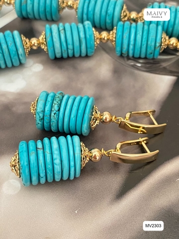 MV2303 - Set Dây Chuyền/Bông Tai Đá Lam (Turquoise) Tròn Xếp Tầng Cách Điệu