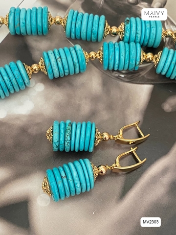 MV2303 - Set Dây Chuyền/Bông Tai Đá Lam (Turquoise) Tròn Xếp Tầng Cách Điệu
