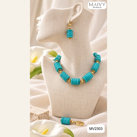 Set dây chuyền và bông tai đá Turquoise tròn xếp tầng MV2303