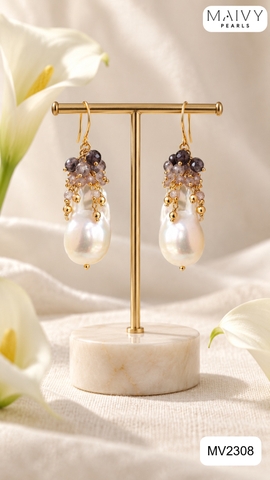 MV2308 - Hhoa tai đá chùm thạch anh tím nhấn ngọc trai baroque mặn