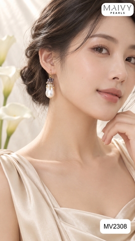MV2308 - Hhoa tai đá chùm thạch anh tím nhấn ngọc trai baroque mặn