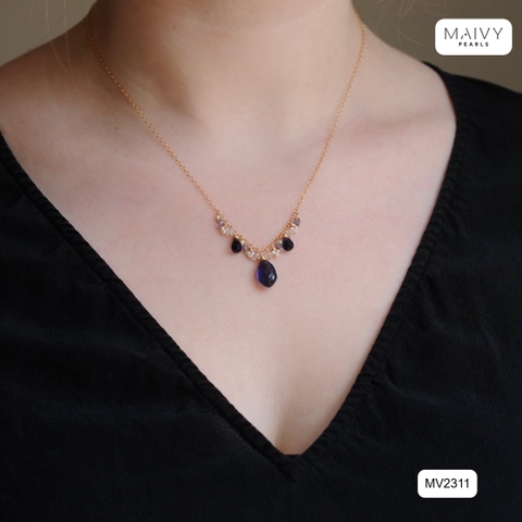 MV2311 - Set bông tai thạch anh tím mix ngọc trai trắng và Dây chuyền nhấn mặt đá thạch anh tím phụ kiện bạc 925 mạ vàng 18k