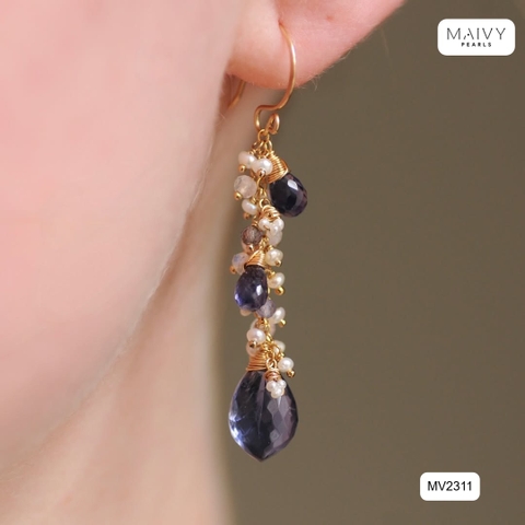MV2311 - Set bông tai thạch anh tím mix ngọc trai trắng và Dây chuyền nhấn mặt đá thạch anh tím phụ kiện bạc 925 mạ vàng 18k