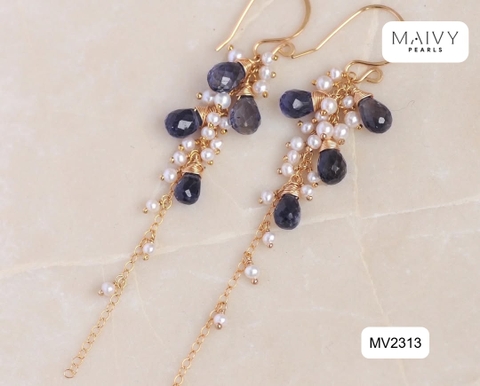 MV2313 - Bông tai ngọc trai trắng mix đá thạch anh tím dài 6cm