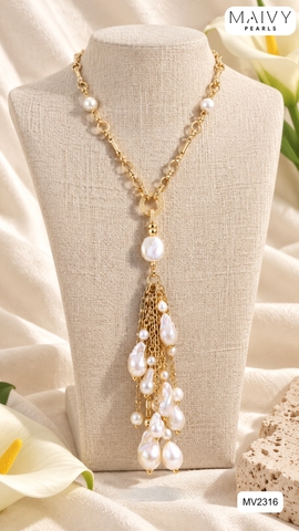 MV2316 - Dây chuyền bạc 925 mạ vàng 18k mặt chùm ngọc trai baroque trắng có thể tháo rời