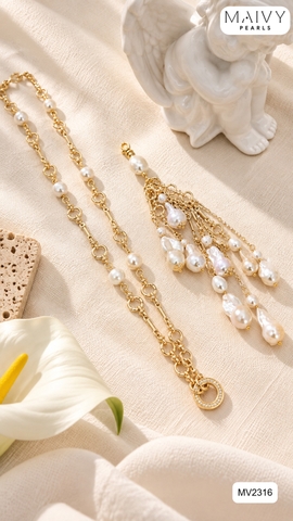 MV2316 - Dây chuyền bạc 925 mạ vàng 18k mặt chùm ngọc trai baroque trắng có thể tháo rời