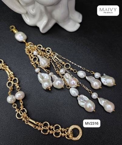MV2316 - Dây chuyền bạc 925 mạ vàng 18k mặt chùm ngọc trai baroque trắng có thể tháo rời