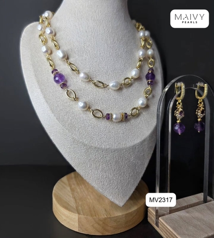 MV2317 - Dây chuyền thạch anh tím mix ngọc trai trắng phụ kiện bạc 925 mạ vàng 18k 3 sợi có thể đeo được nhiều kiểu