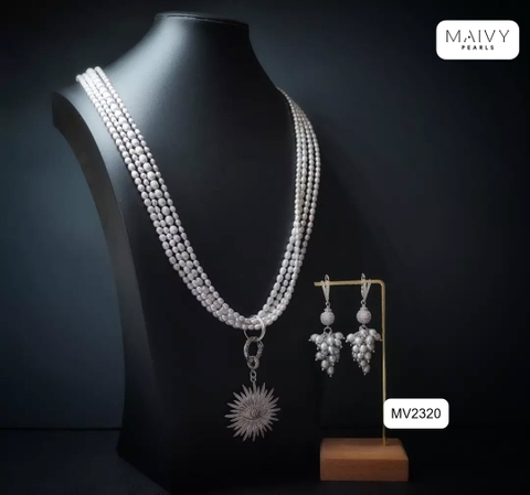 MV2320 - Set ngọc trai xám gồm dây chuyền nhiều sợi và bông tai  dáng chùm nho
