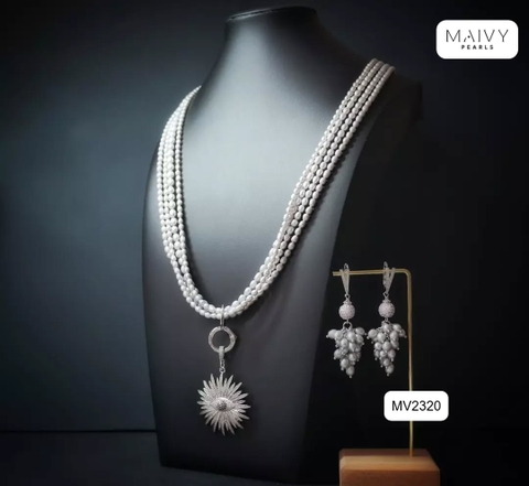 MV2320 - Set ngọc trai xám gồm dây chuyền nhiều sợi và bông tai  dáng chùm nho