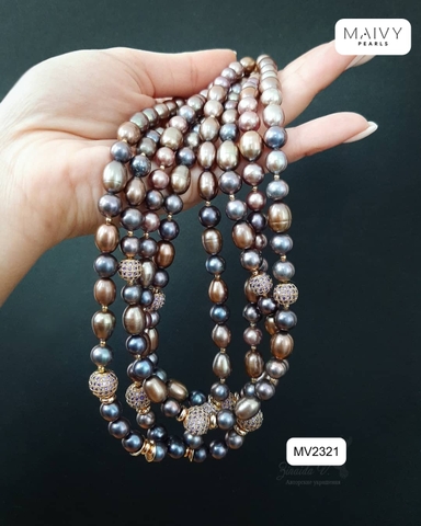 MV2321 - Dây chuyền nhiều sợi ngọc trai gạo lông công mix charm bạc 925 mạ vàng 18k