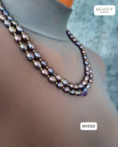 MV2322 - Set ngọc trai lông công gồm dây chuyền đôi và bông tai