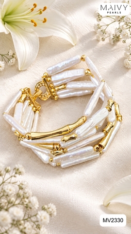 MV2330 - Lắc tay 6 sợi ngọc trai baroque hạt dài màu trắng mix phụ kiện bạc 925 mạ vàng 18k