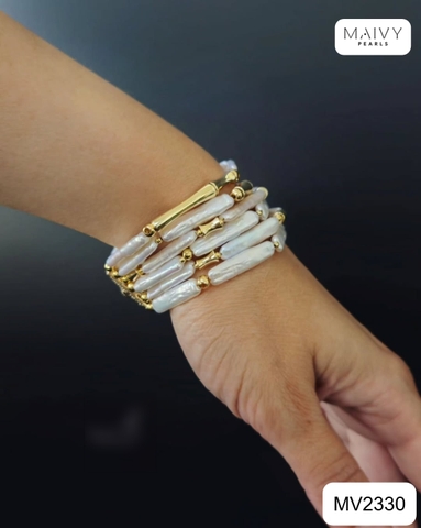 MV2330 - Lắc tay 6 sợi ngọc trai baroque hạt dài màu trắng mix phụ kiện bạc 925 mạ vàng 18k