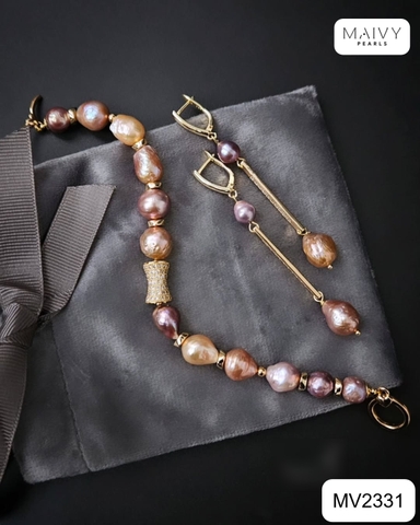 MV2331 - Set ngọc trai baroque màu hồng ánh tím mix phụ kiện bạc 925 mạ vàng 18k gồm lắc tay, bông tai