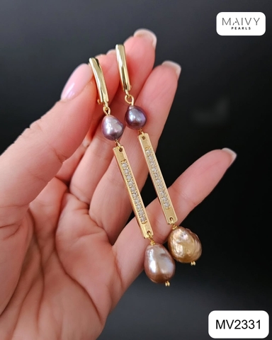 MV2331 - Set ngọc trai baroque màu hồng ánh tím mix phụ kiện bạc 925 mạ vàng 18k gồm lắc tay, bông tai
