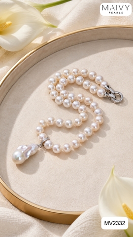 MV2332 - Dây chuyền ngọc trai trắng sz 7-8mm nhấn mặt ngọc trai baroque size 13-15mm