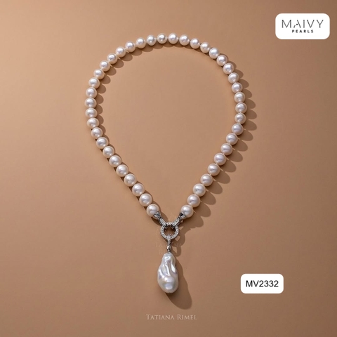 MV2332 - Dây chuyền ngọc trai trắng sz 7-8mm nhấn mặt ngọc trai baroque size 13-15mm