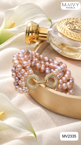 MV2335 - Set ngọc trai hồng ánh tím mix đá thạch anh tím gồm 3 sản phẩm dây chuyền, lắc tay, bông tai