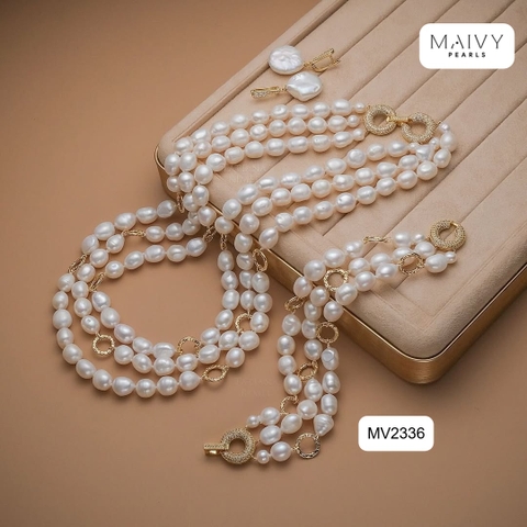 MV2336- Set dây chuyền, lắc tay, bông tai trai gạo trắng 9li mix charm