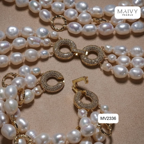 MV2336- Set dây chuyền, lắc tay, bông tai trai gạo trắng 9li mix charm