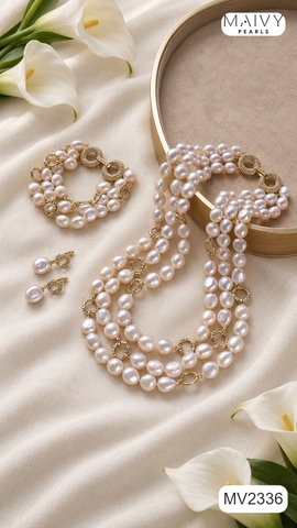 MV2336- Set dây chuyền, lắc tay, bông tai trai gạo trắng 9li mix charm