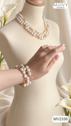 MV2336- Set dây chuyền, lắc tay, bông tai trai gạo trắng 9li mix charm