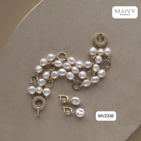 MV2336- Set dây chuyền, lắc tay, bông tai trai gạo trắng 9li mix charm