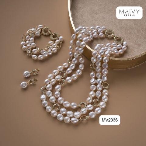 MV2336- Set dây chuyền, lắc tay, bông tai trai gạo trắng 9li mix charm