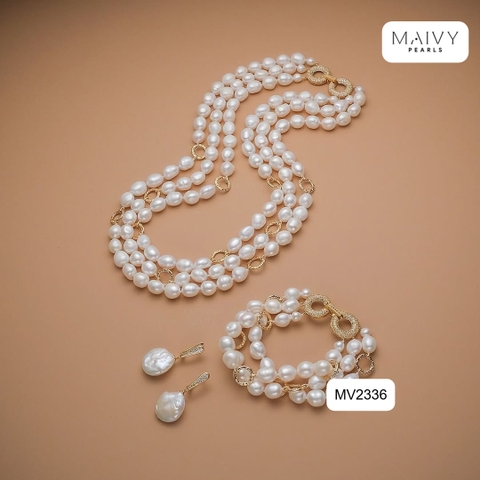 MV2336- Set dây chuyền, lắc tay, bông tai trai gạo trắng 9li mix charm