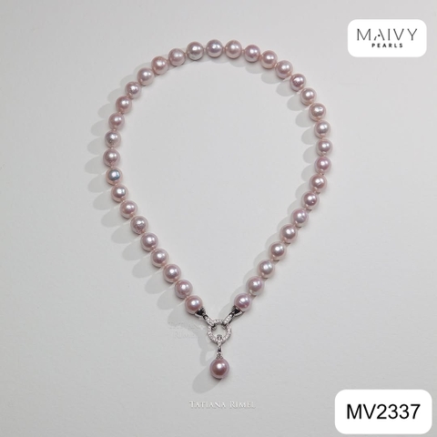 MV2337- Dây chuyền trai hồng 7-8li mix charm bạc xi kim