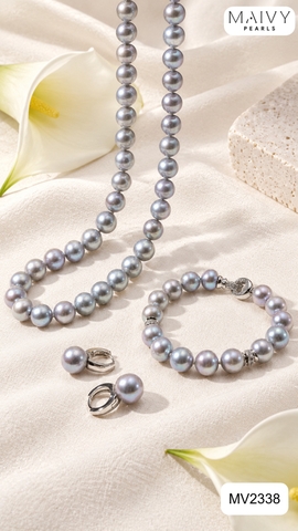 MV2338- Set dây chuyền trai xám Nhật mix khóa kẹp thông minh và bông tai Baroque ánh xám