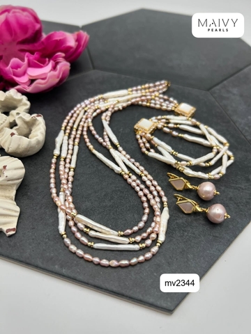 MV2344 -  Set ngọc trai nhiều loại nhiều sợi màu hồng ánh tím gồm dây chuyền/lắc tay/bông tai