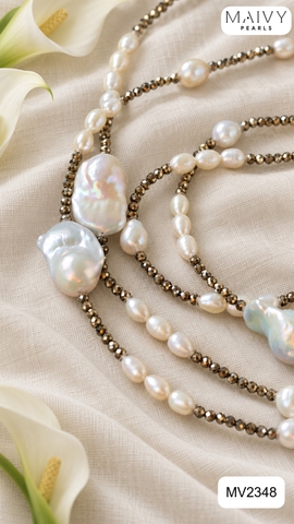 MV2348 - Set dây chuyền đá spinel đen mix ngọc trai baroque trắng gồm dây dài và dây ngắn
