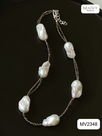 MV2348 - Set dây chuyền đá spinel đen mix ngọc trai baroque trắng gồm dây dài và dây ngắn
