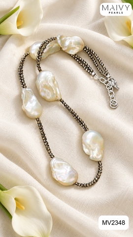 MV2348 - Set dây chuyền đá spinel đen mix ngọc trai baroque trắng gồm dây dài và dây ngắn