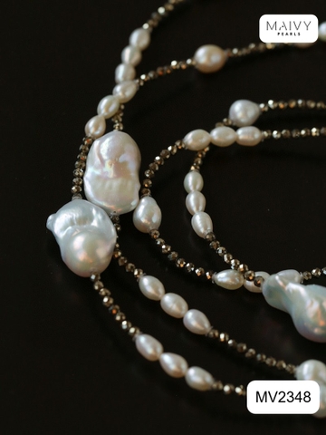 MV2348 - Set dây chuyền đá spinel đen mix ngọc trai baroque trắng gồm dây dài và dây ngắn