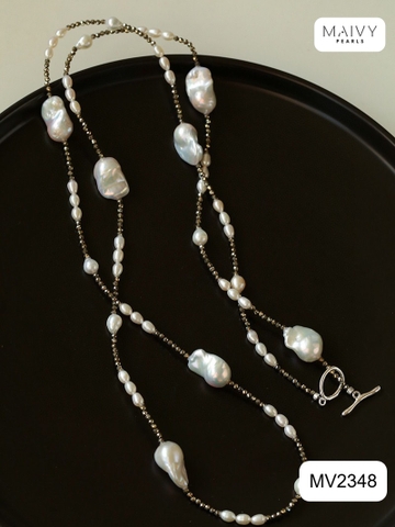MV2348 - Set dây chuyền đá spinel đen mix ngọc trai baroque trắng gồm dây dài và dây ngắn