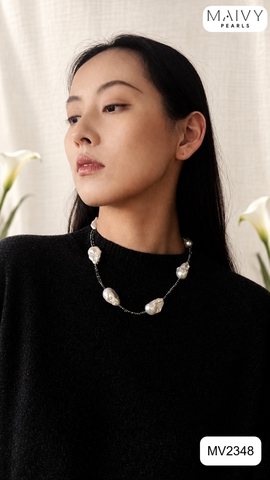 MV2348 - Set dây chuyền đá spinel đen mix ngọc trai baroque trắng gồm dây dài và dây ngắn