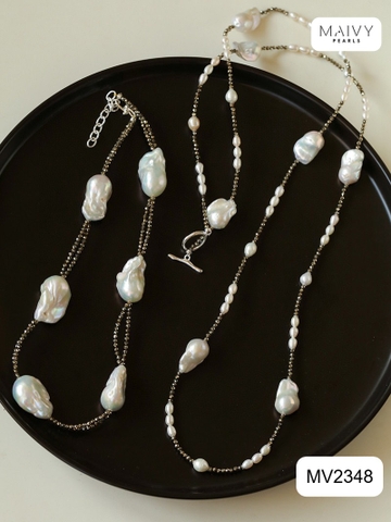 MV2348 - Set dây chuyền đá spinel đen mix ngọc trai baroque trắng gồm dây dài và dây ngắn