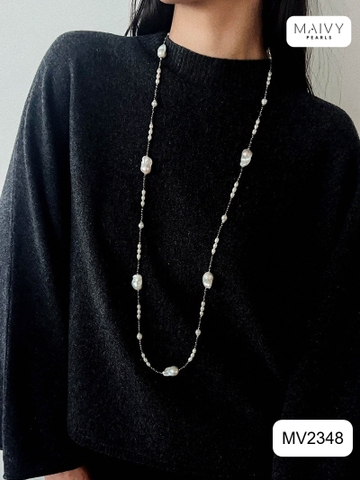 MV2348 - Set dây chuyền đá spinel đen mix ngọc trai baroque trắng gồm dây dài và dây ngắn