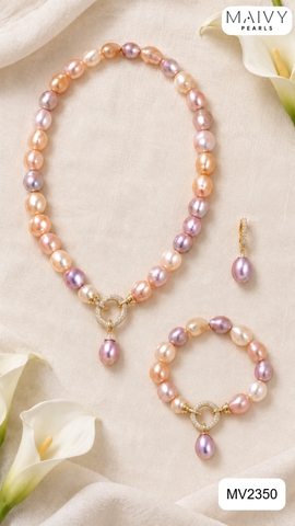 MV2350 -  Set ngọc trai baroque hồng ánh tím kèm mặt gồm dây chuyền, lắc tay, bông tai